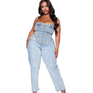 NWT PrettyLittleThing Plus Blue Denim Corset Top US 20 Vintage Wash Waistband